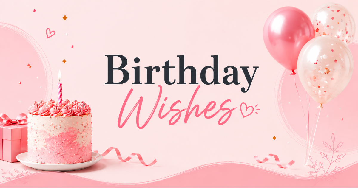 Pink birthday cake, balloons and gift beside Birthday Wishes lettering