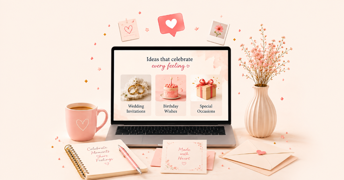 Pink flowers, a greeting card and the words Spread Joy, Share Moments