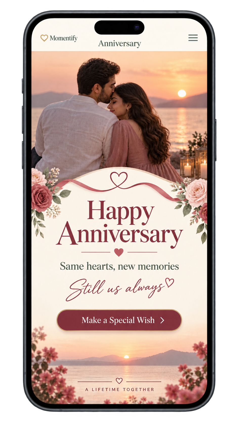 Anniversary wishes website displayed inside a phone frame