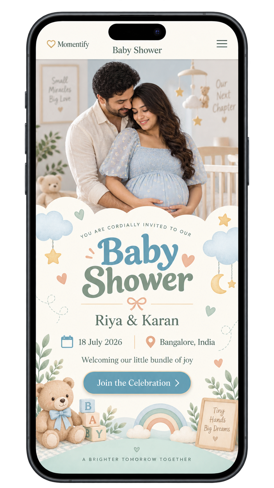 Baby shower website displayed inside a phone frame