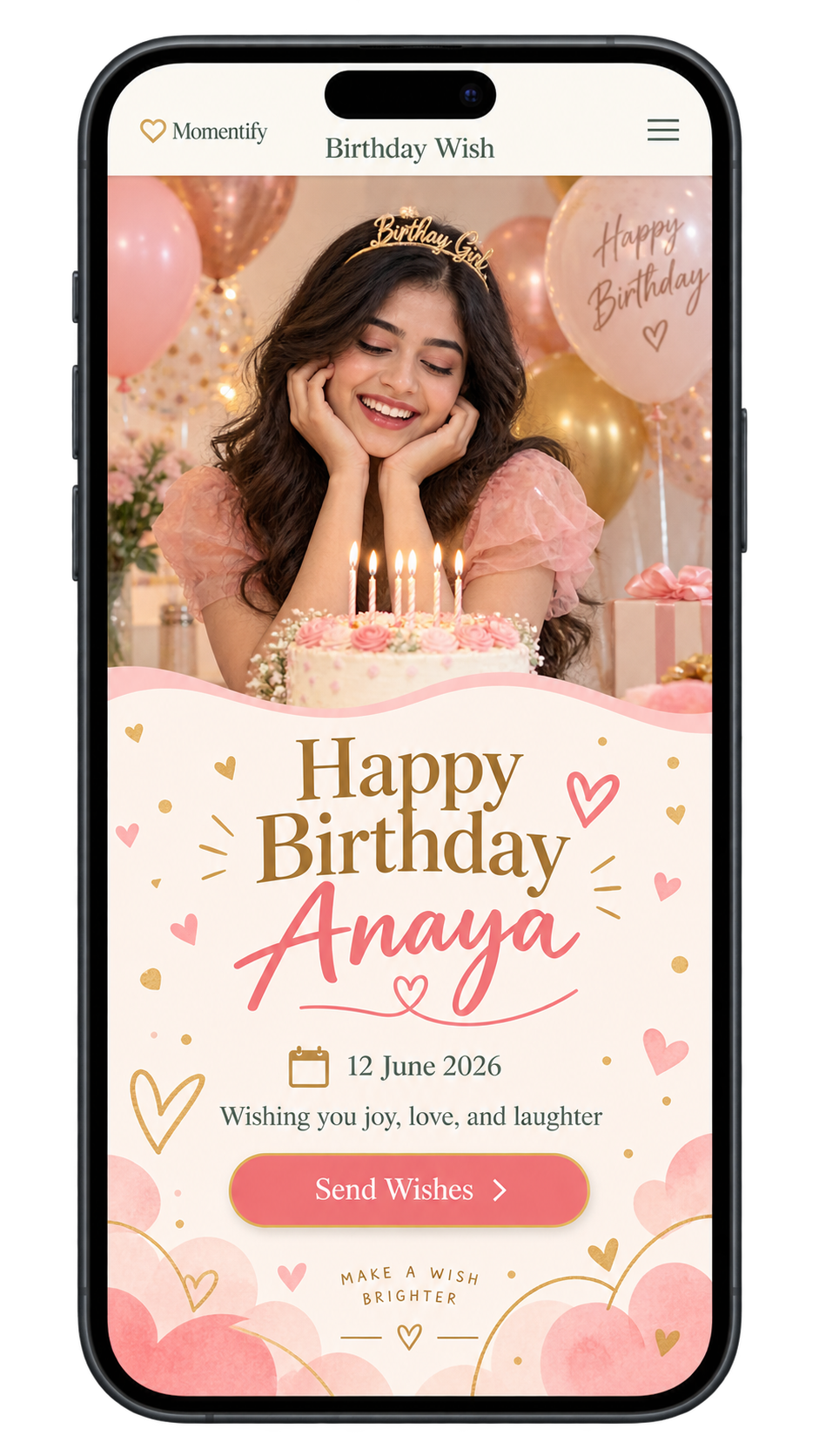 Birthday wish website displayed inside a phone frame