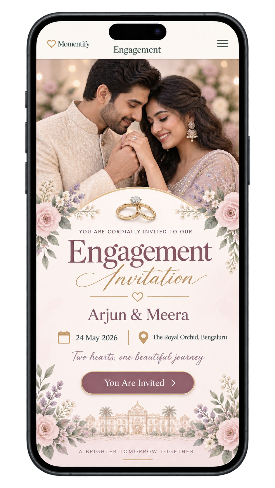 Engagement invitation website displayed inside a phone frame