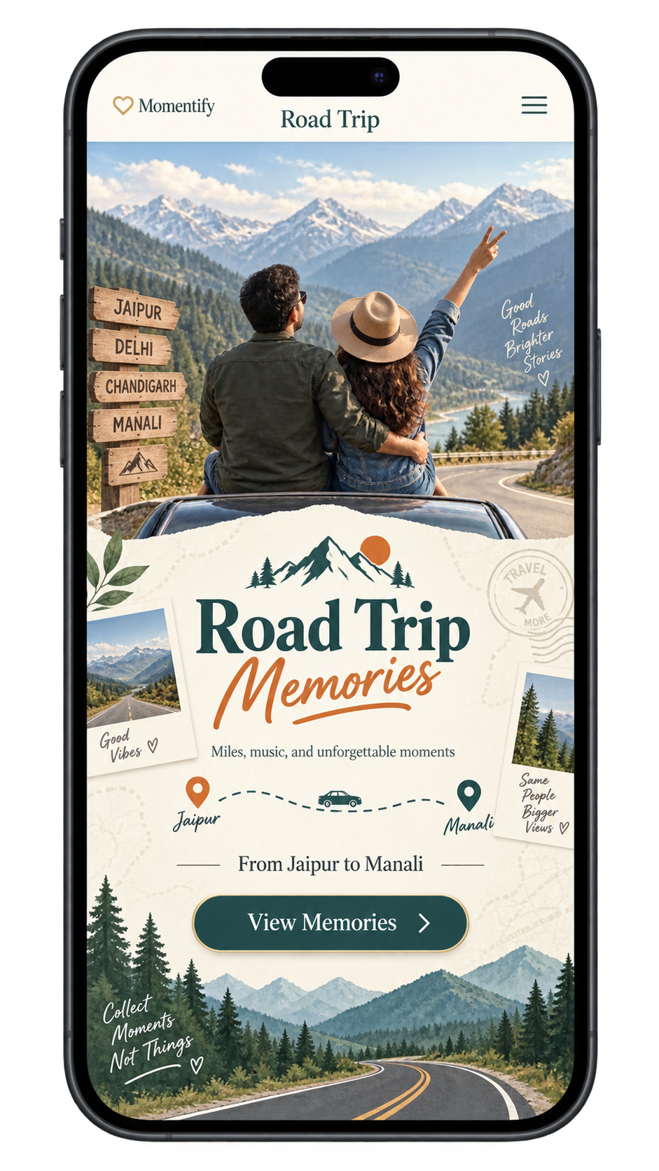 Road trip memories website displayed inside a phone frame