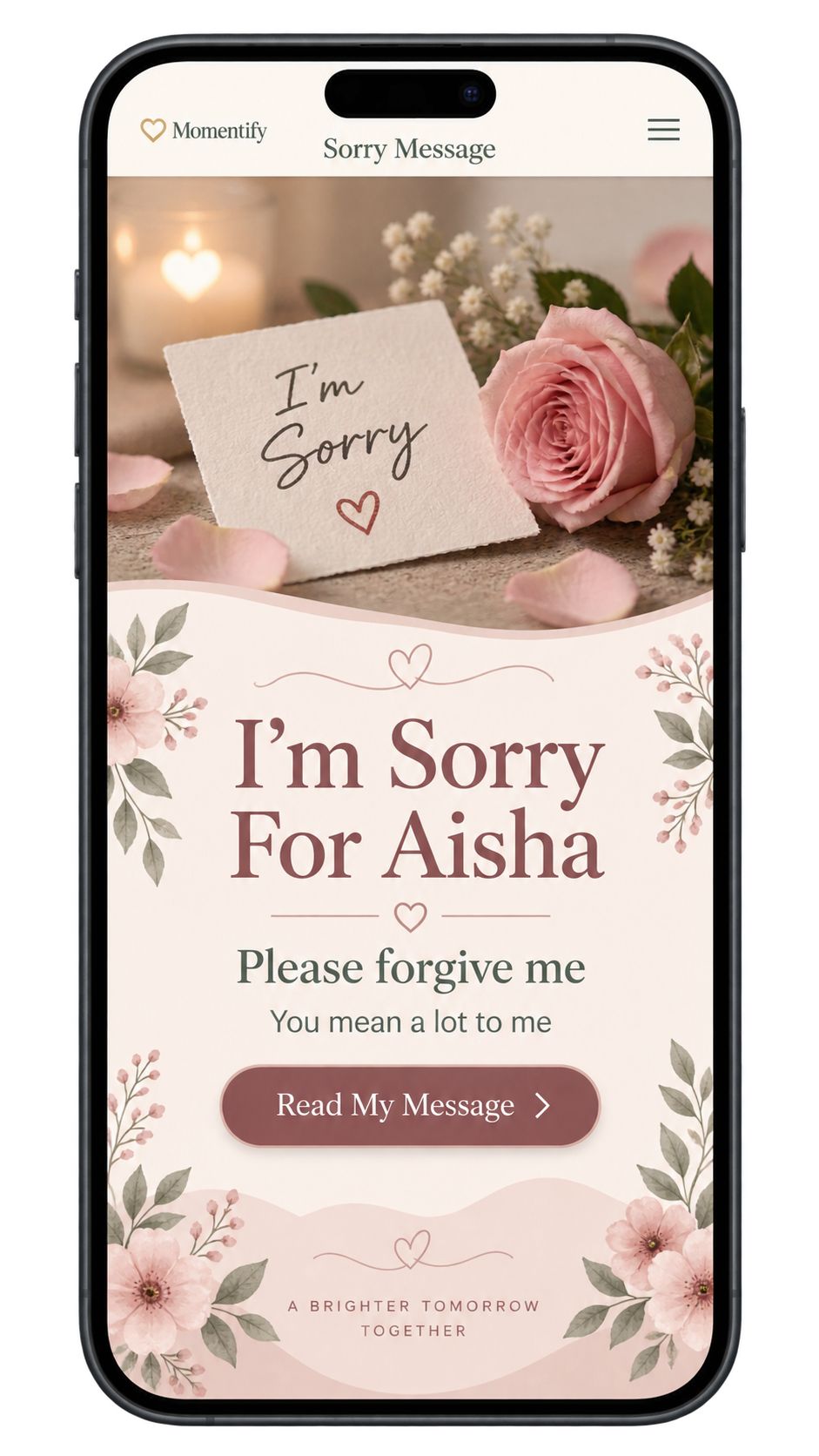 Personal sorry message website displayed inside a phone frame