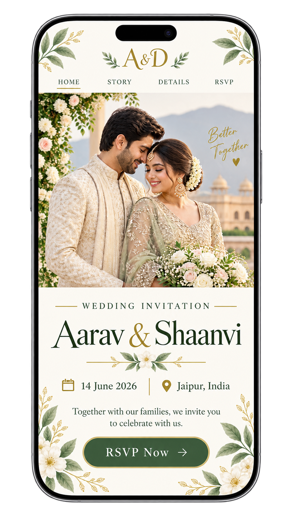 Wedding invitation website displayed inside a phone frame